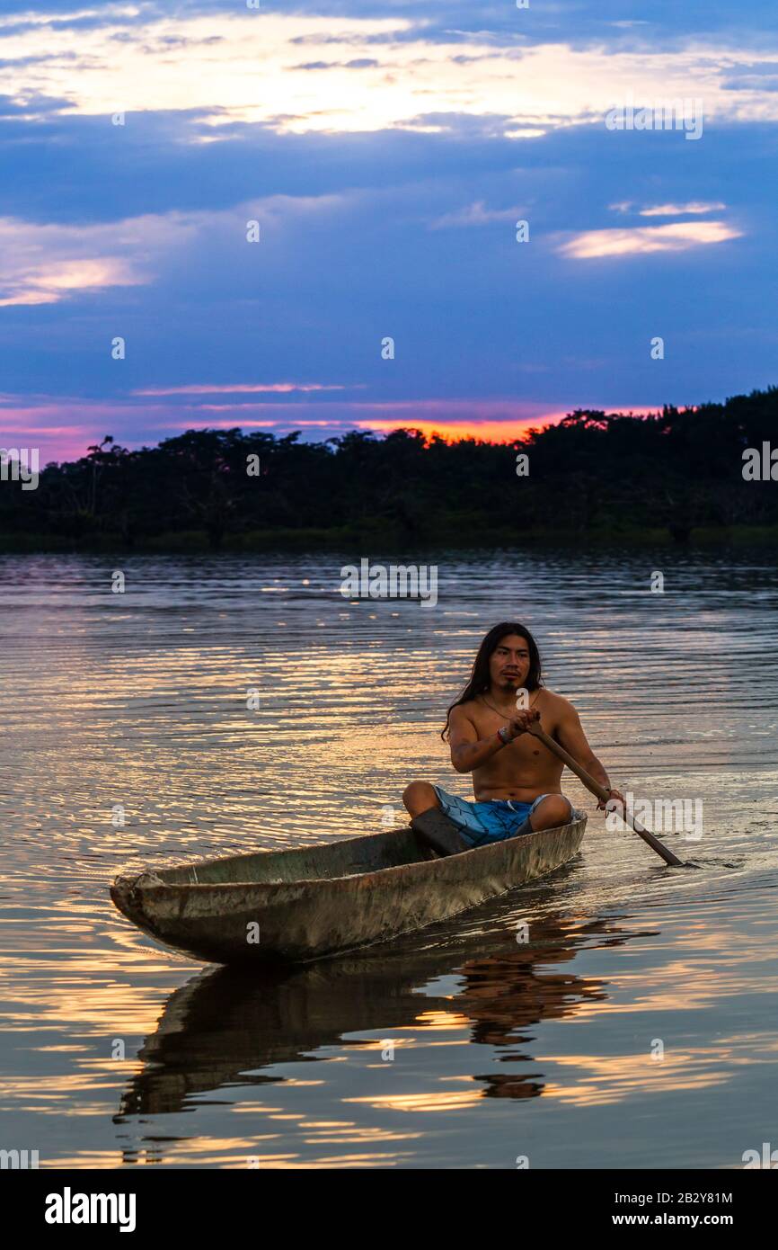 Primitive Adult Man With Boat On Pond Grande Cuyabeno National Park Ecuador At Sunset Model Released Stock Photo