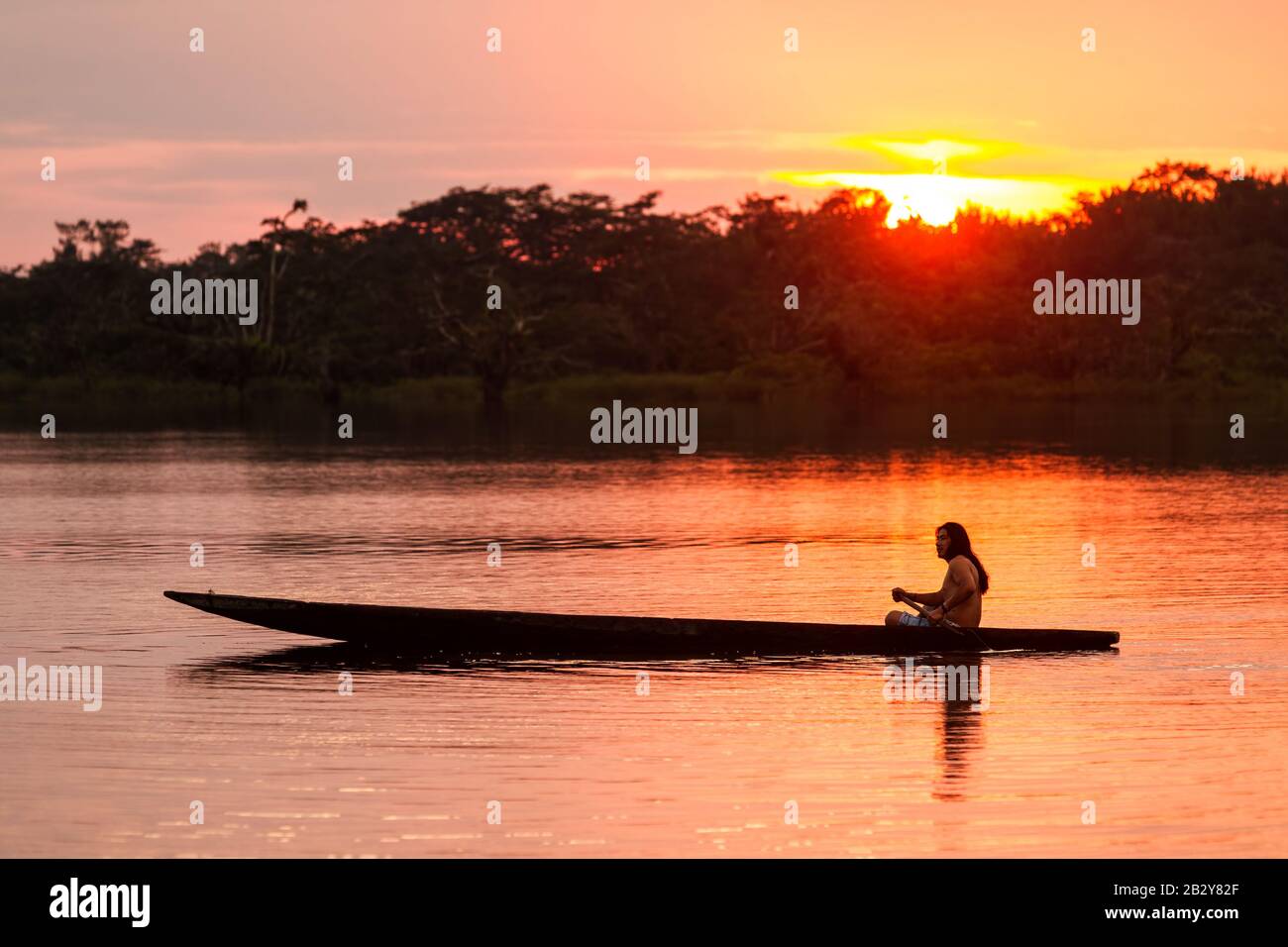 Indigenous Adult Man With Canoe On Laguna Grande Cuyabeno National Park Ecuador At Sunset Model Released Stock Photo