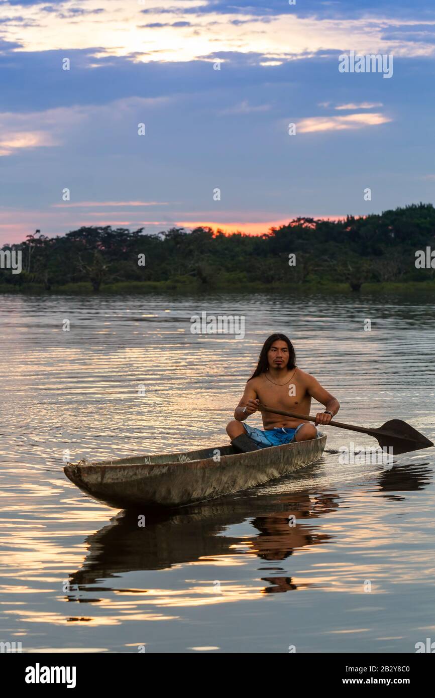 Indigens Grown Man With Canoe On Laguna Grande Cuyabeno National Park Ecuador At Eve Model Released Stock Photo