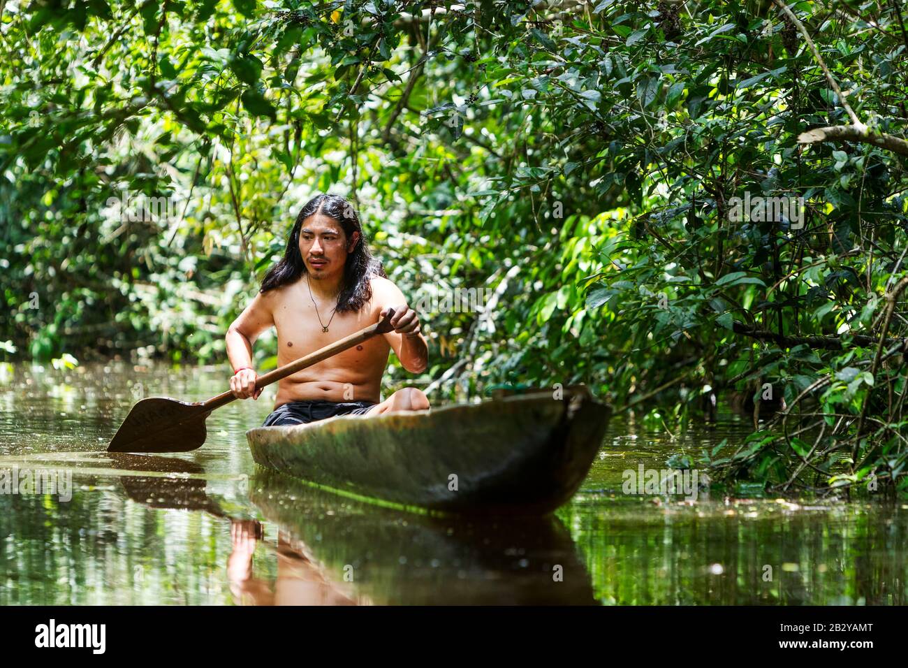 Indigenous Adult Man On Typical Wooden Canoe Chopped From A Single Tree Navigating Murky Waters Of Ecuadorian Amazonian Primary Jungle Stock Photo