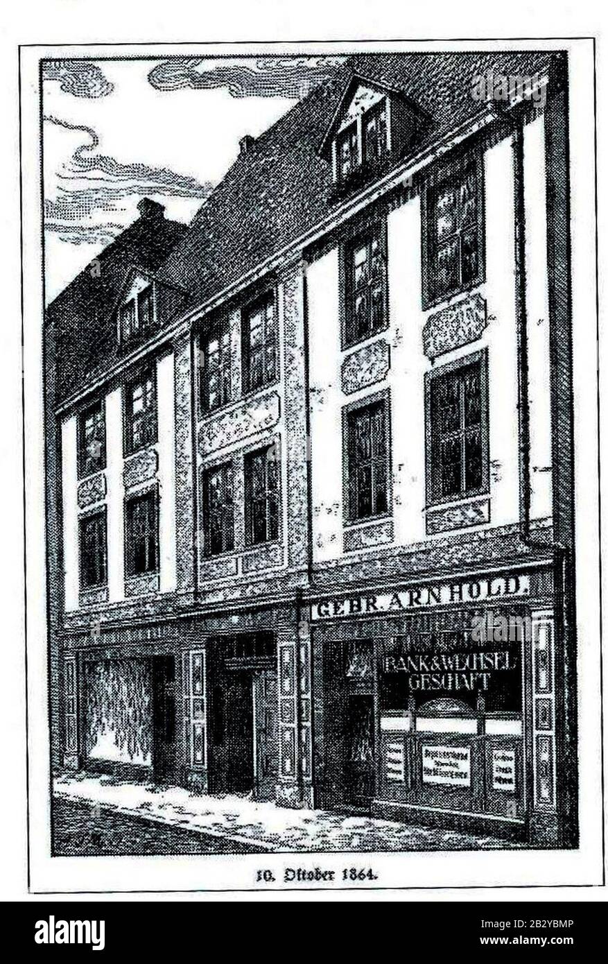 Gebrüder Arnhold Bank&Wechselgeschäft Abbildung der Hauptgeschäftsstelle in der Waisenhausstraße Dresden 1864. Stock Photo