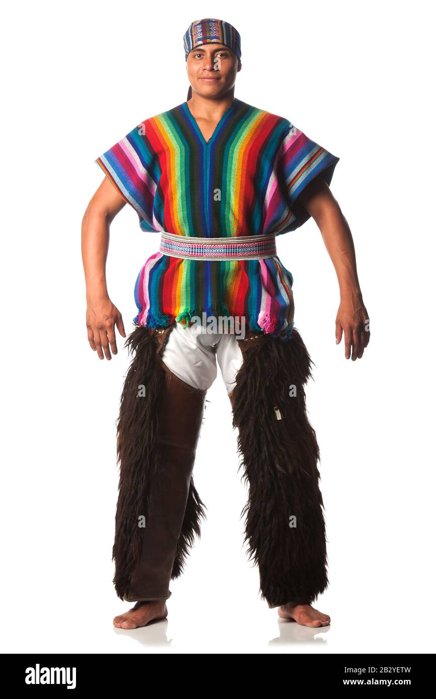 Ecuadorian Dancer Dressed Up In Traditional Uniform From The Rise Llama Or Alpaca Pants Studio Shot Isolated On Colour Stock Photo
