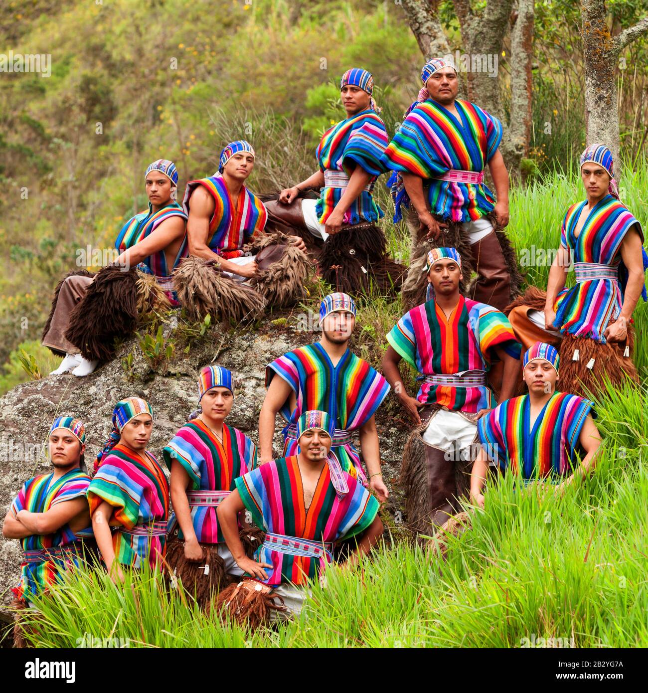 Ecuadorian Folkloric Community Dressed Up In Traditional Costumes Outdoor Shot Stock Photo