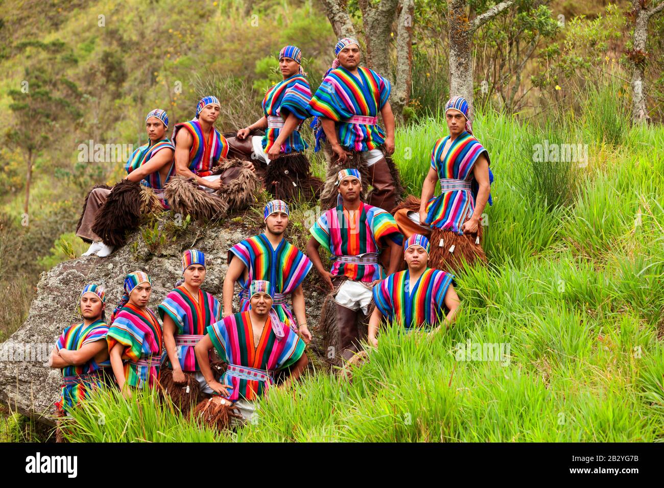 Ecuadorian Folkloric Community Dressed Up In Traditional Costumes Outside Shot Stock Photo