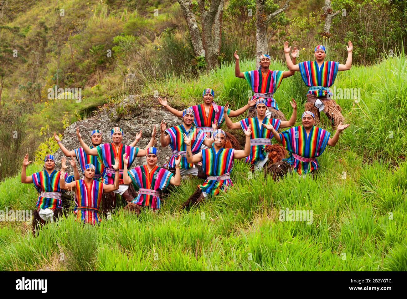 Ecuadorian Folkloric Gathering Dressed Up In Traditional Costumes Outside Shot Stock Photo