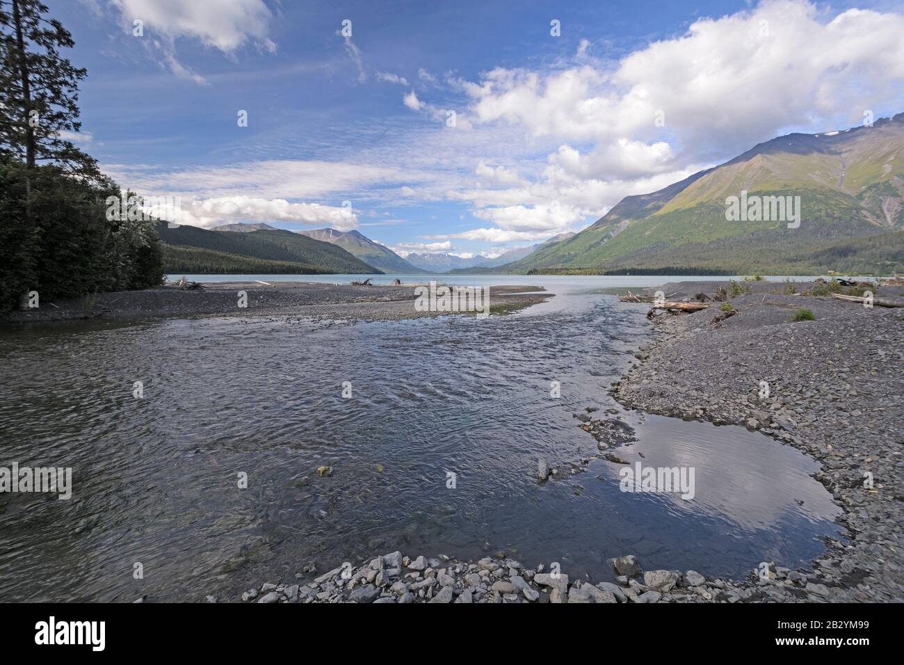 Primrose Creek Emptying into Kenai Lake in the Kenai Peninsula of Alaska Stock Photo
