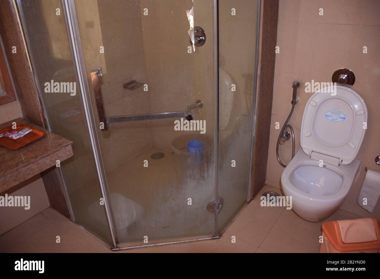 A toilet Commode with glass bathing room in a hotel Stock Photo