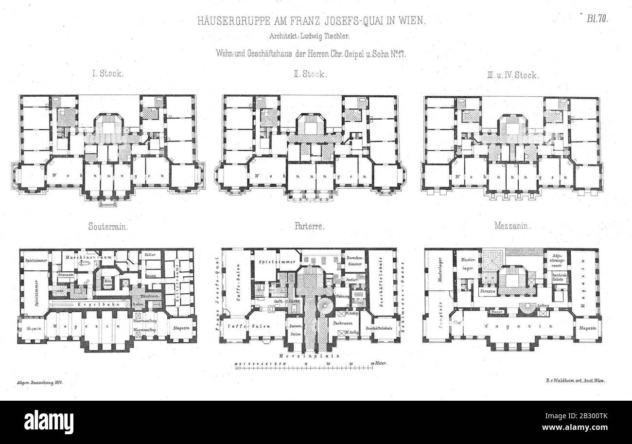 Geipel building (floor plans), Franz-Josefs-Kai and Morzinplatz 5, Vienna, 1890. Stock Photo