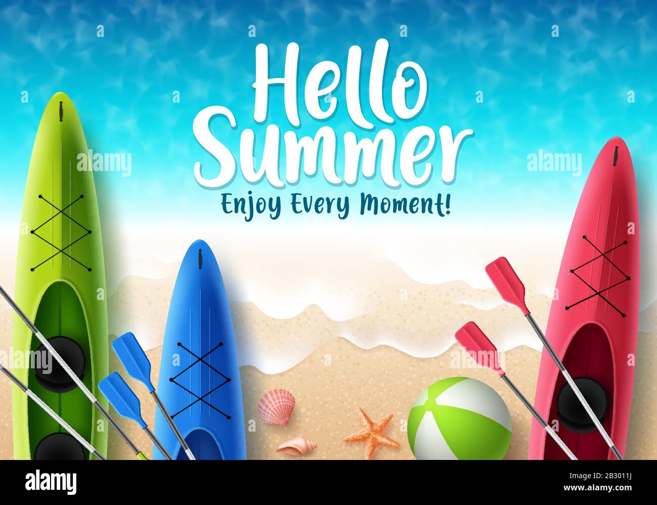 Hello summer vector banner design. Hello summer text with colorful kayak boat and beach elements like beach ball and seashells in seaside top view Stock Vector