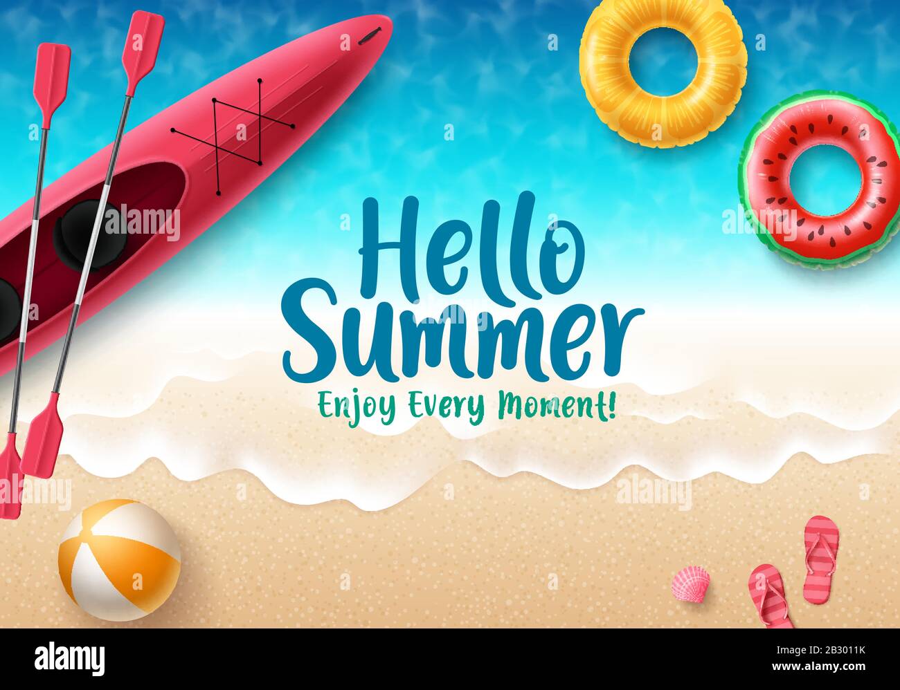 Hello summer vector banner design. Hello summer text with colorful beach elements like beach ball, flipflop, floaters and kayak in seaside background Stock Vector