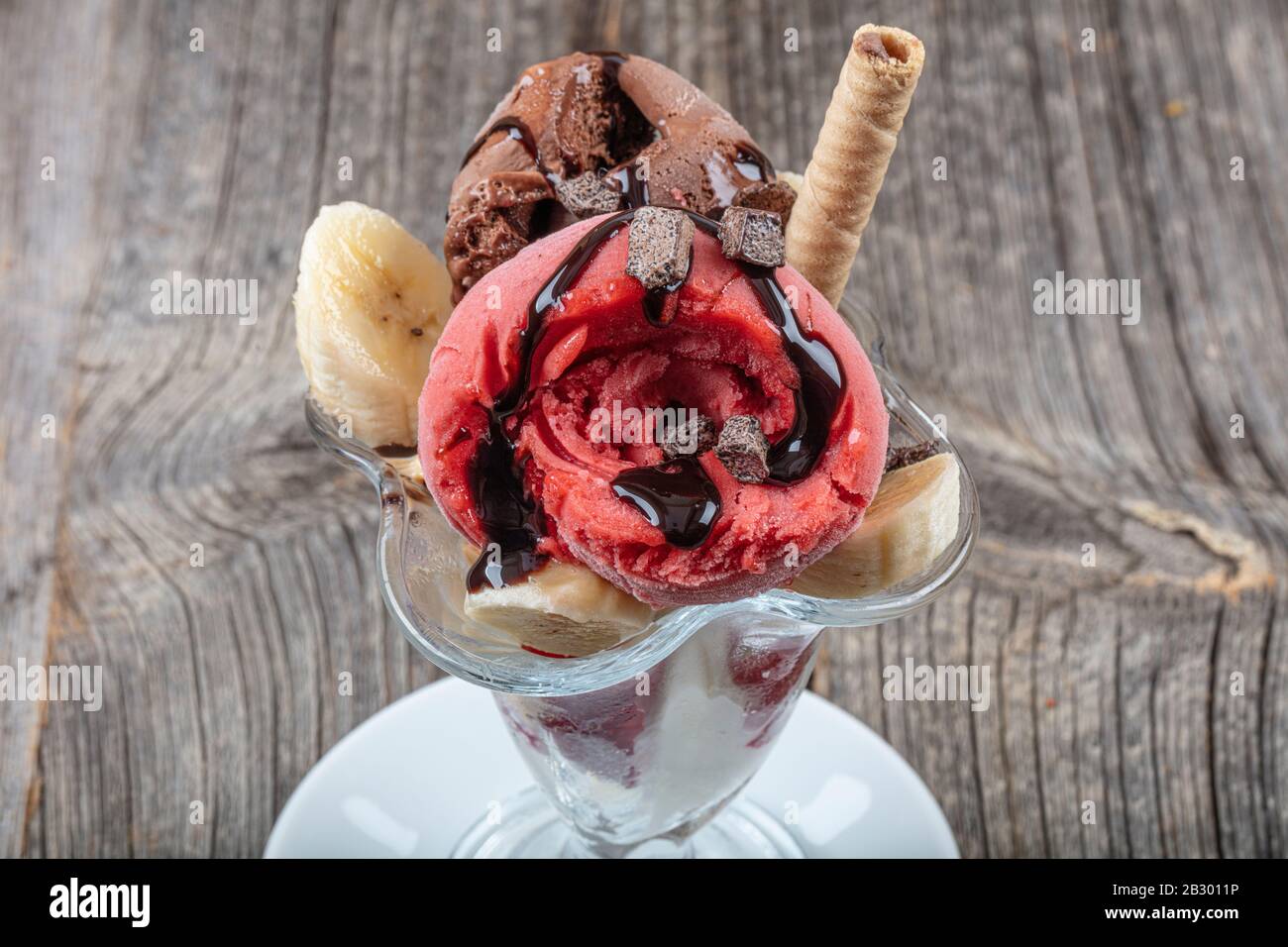Sundae Stick Vanilla, strawberry and chocolate sundae dish ice cream with wafer ...