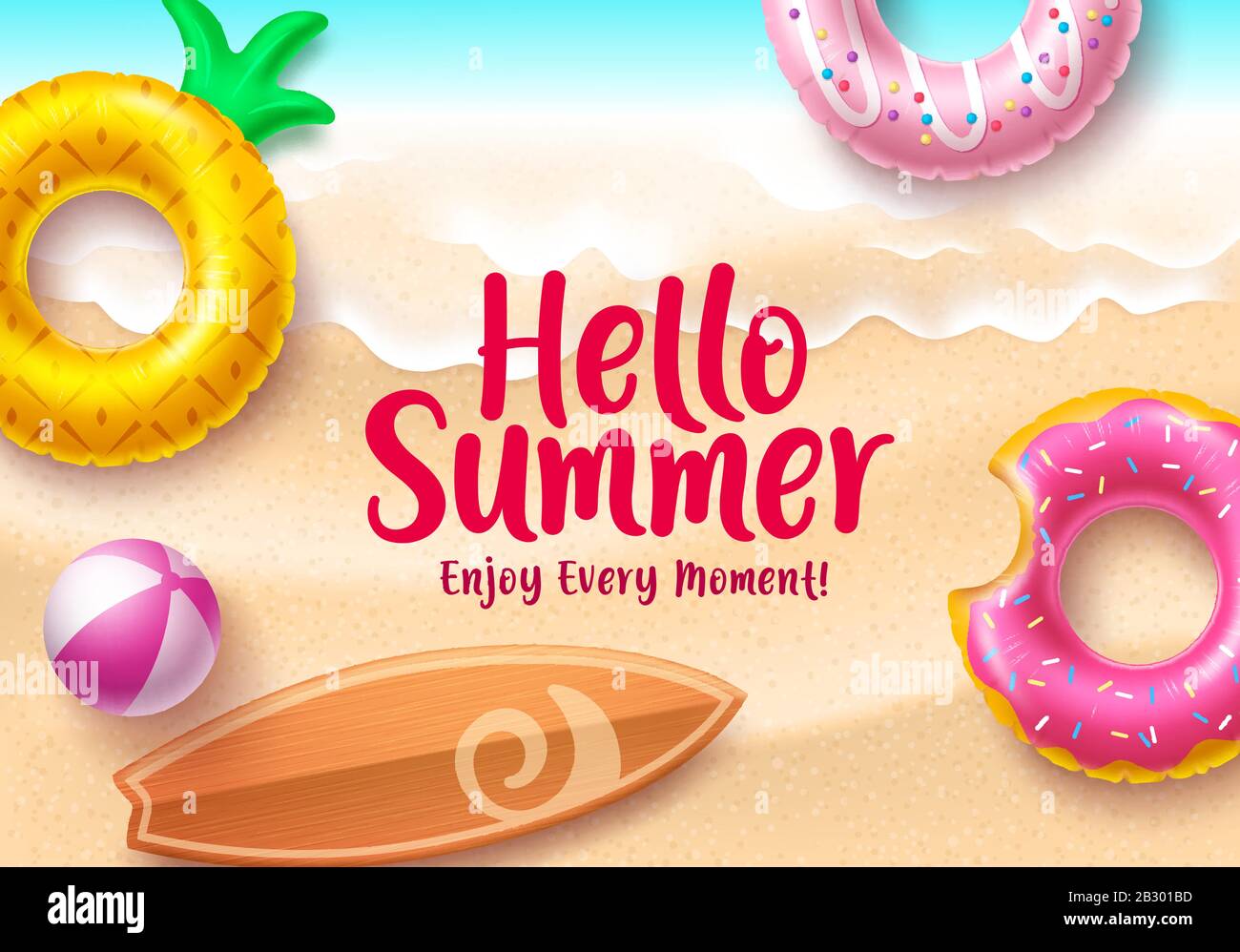 Hello summer vector banner design. Hello summer text with colorful beach elements like floating donut and pineapple floaters in seaside top view Stock Vector