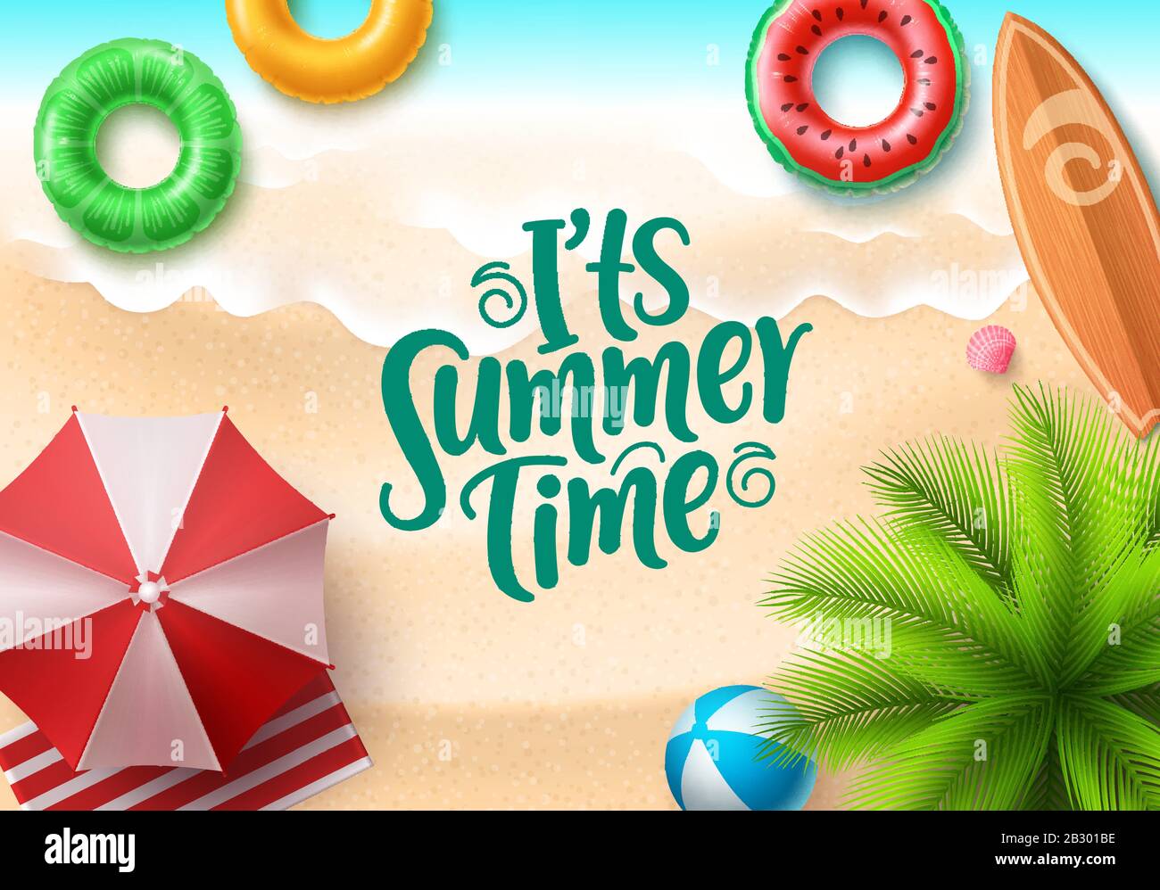 It's summer time vector banner design. Summer text in seaside top view background with colorful beach elements like floaters, surfboard, beach ball, Stock Vector