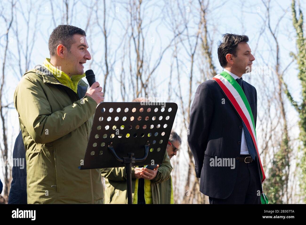 The president of Vesuvius National Park, Agostino Casillo (left) speaks during the inauguration of the new trial called “The river of Lava” of the Vesuvius National Park of Naples.The Vesuvius National Park was officially founded on 5th June 1995 to preserve animal and plant species. Situated in Herculaneum (Naples), the park is rich in natural resources, history of volcanology, breath-taking landscapes, age-old cultivations and traditions that make the Vesuvius area one of the most fascinating and most visited places in the world. Stock Photo