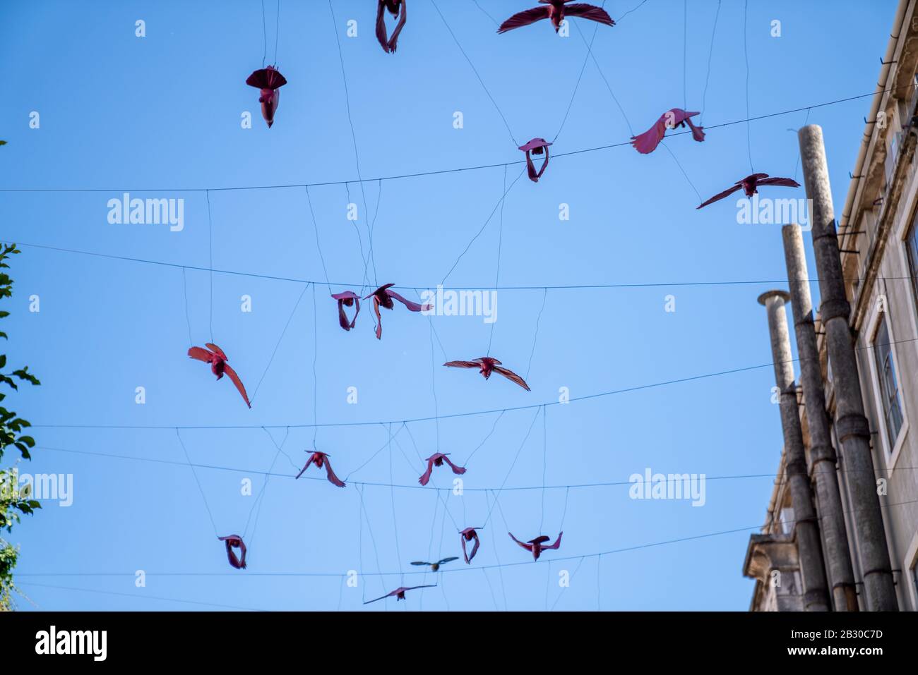 Decorative paper birds hanging on strings high on buildings against sky Stock Photo