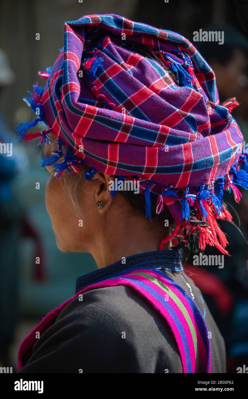 Portrait of a Burmese woman from the Pa'O people wearing a colourful turban near Kalaw. The Pa'O are the second largest ethnic group in Shan State. Stock Photo