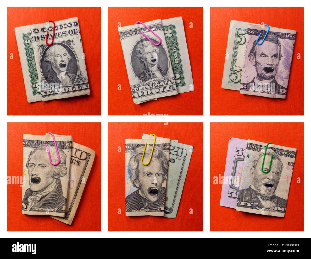Angry founding fathers yelling in pictures on American money Stock Photo