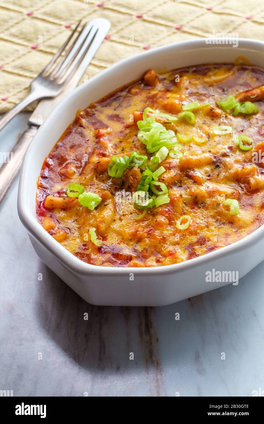 Baked American goulash onepot meal cheesy beef and macaroni pasta in