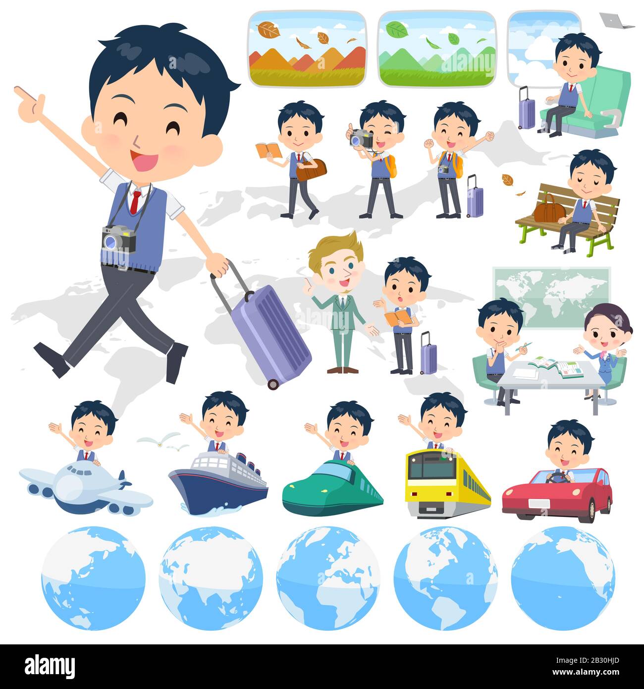 A set of school boy on travel.There are also vehicles such as boats and airplanes.It's vector art so it's easy to edit. Stock Vector