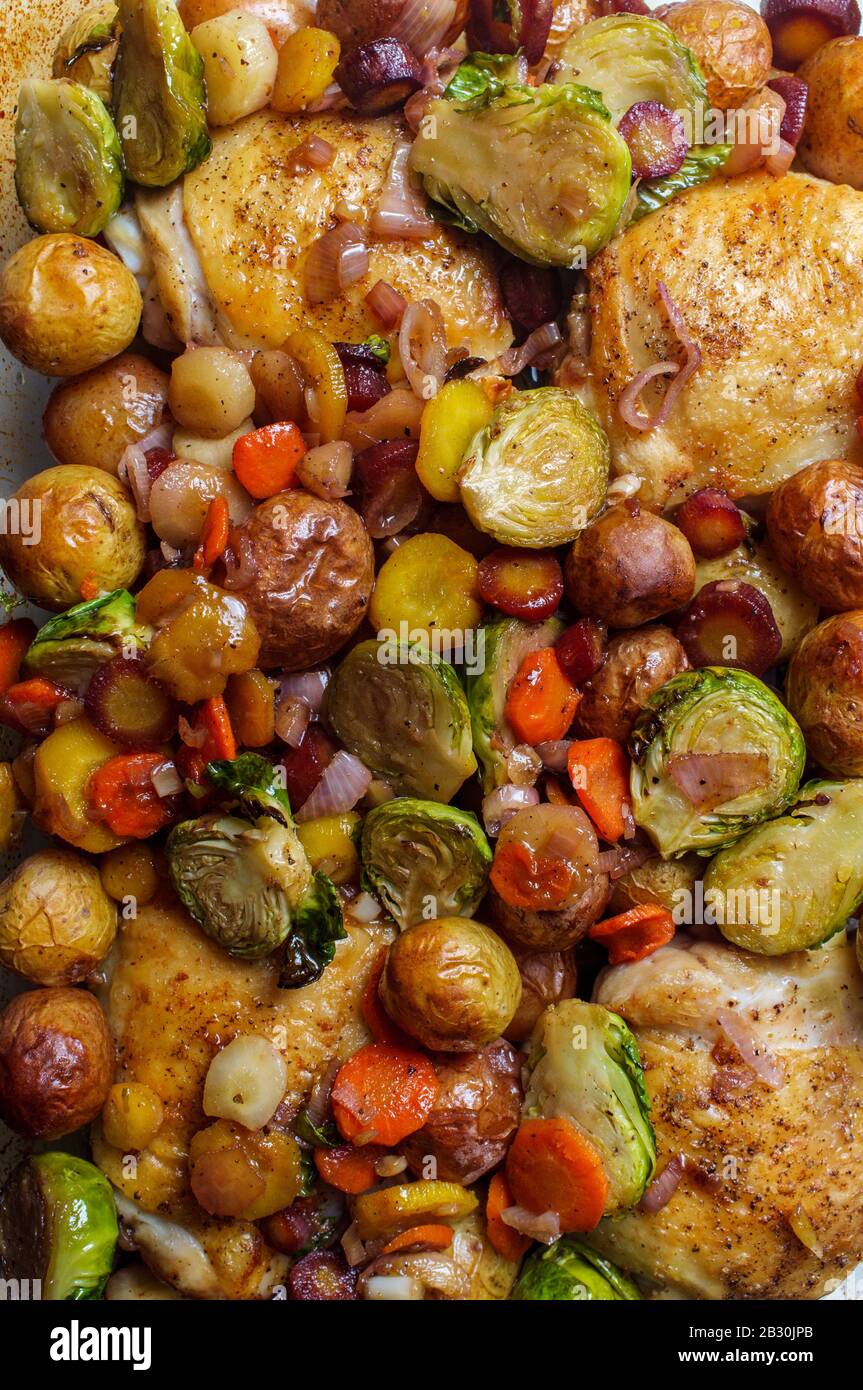 Crispy chicken thigh casserole with brussels sprouts new potatoes