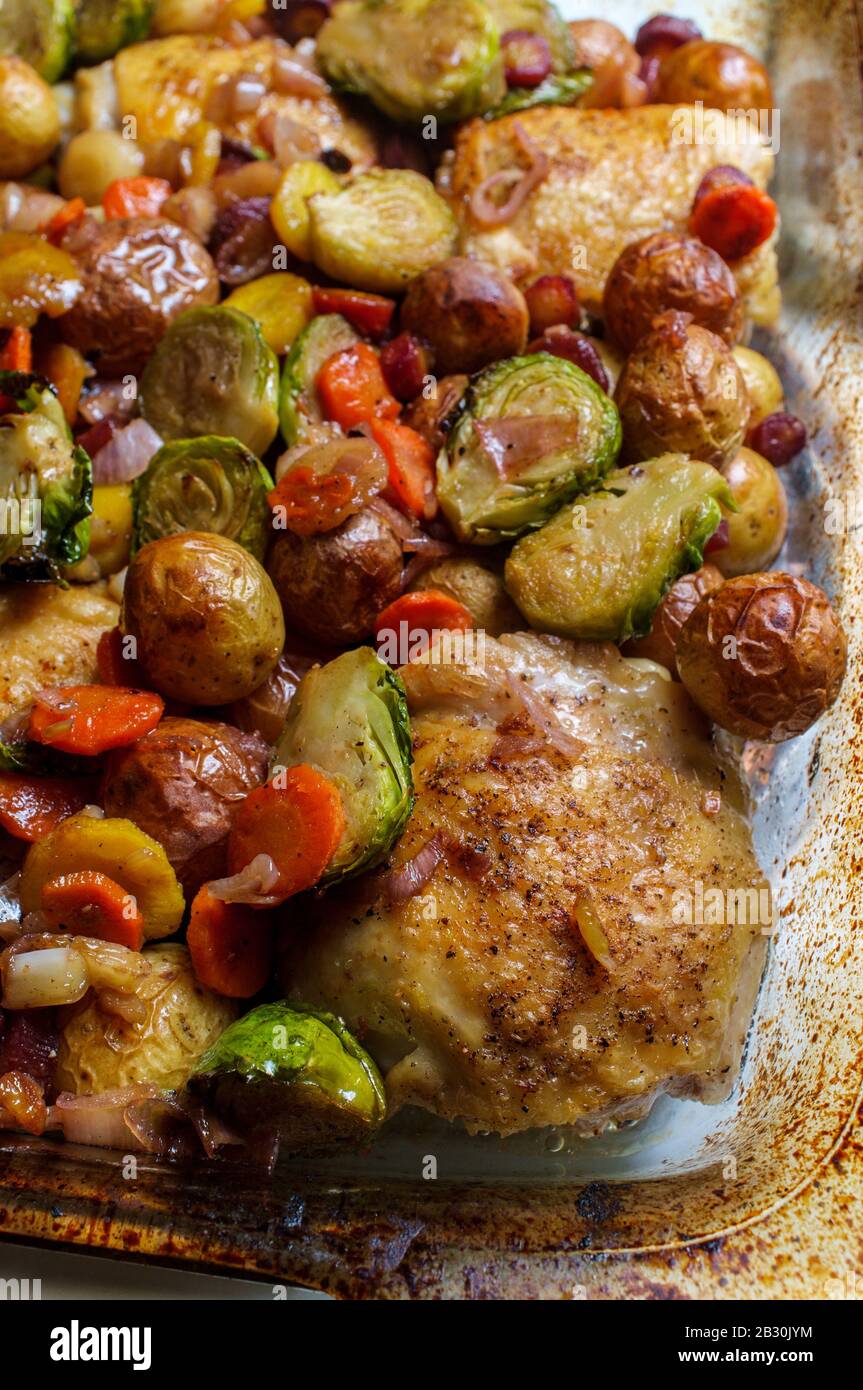 Crispy chicken thigh casserole with brussels sprouts new potatoes