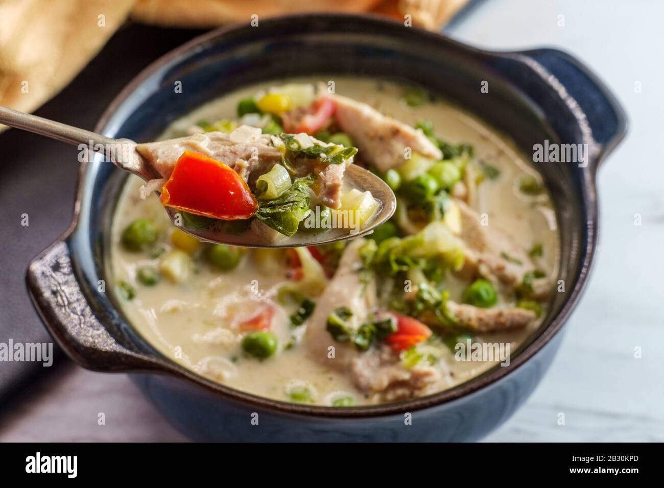 British slow cooked chicken thigh fricassee stew in white sauce with colorful vegetables Stock
