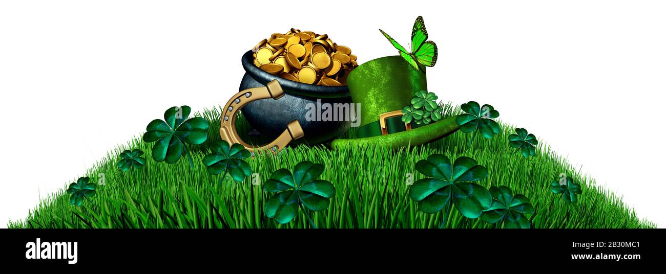 Saint Patrick day design element as a green holiday symbol with empty copy space or text area with a hill of clover leaves a pot of gold horseshoe. Stock Photo