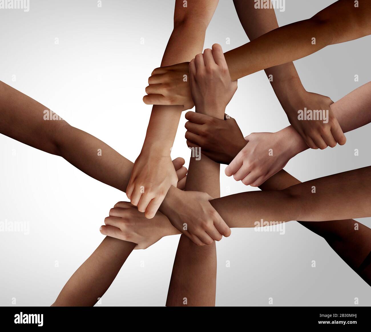 Business diversity and teamwork as a group of diverse people holding arms as a multiracial society and corporate multicultural community joined. Stock Photo