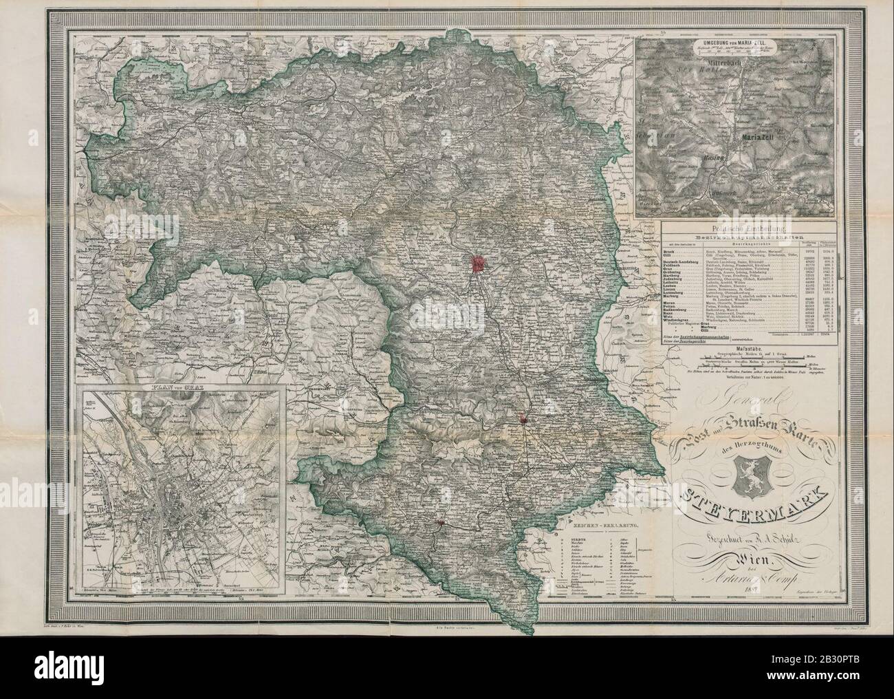 General Post und Strassen Karte des Herzogthums Steyermark 1887 Stock