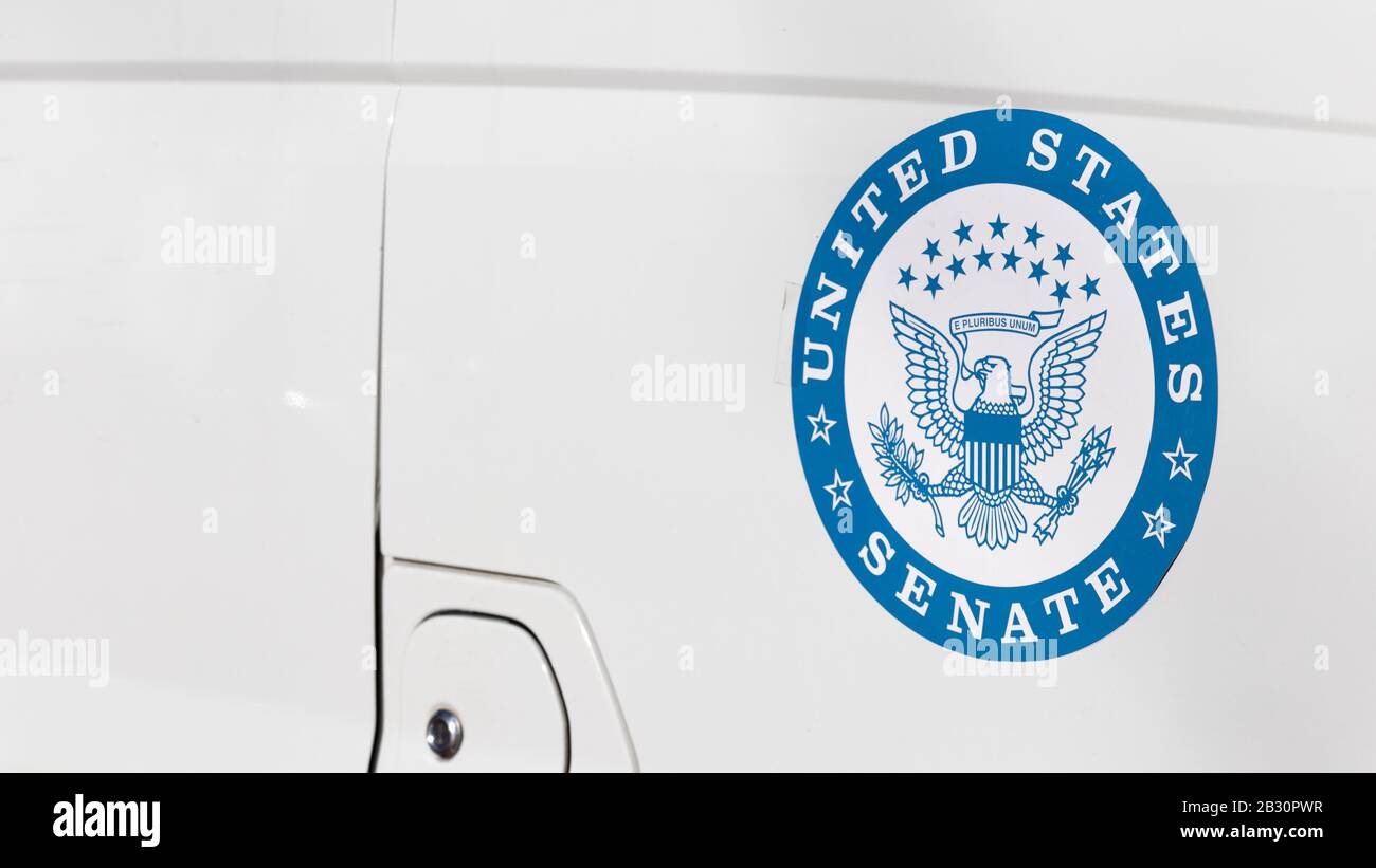 Seal of the United State Senate on a vehicle near the U.S. Capitol Building. Stock Photo