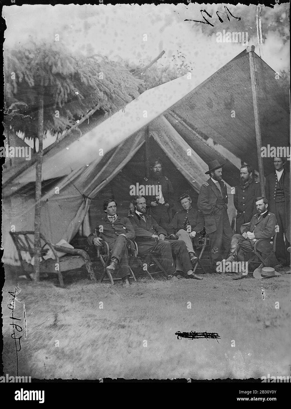 General Ulysses S. Grant and Staff of Eight; Recognized- - Capt. William. Mck. Dunn, Colonel Ely S. Parker, General John A. Rawlins. (3996022218). Stock Photo
