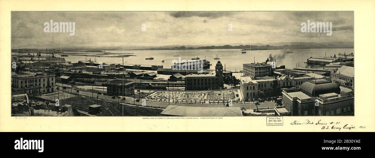 General view of harbor at San Juan, Porto Rico looking South in Sapia. Stock Photo