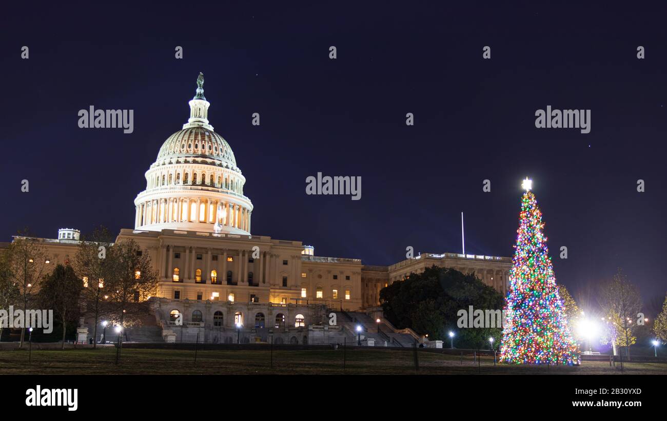 Front of the United States Capitol Building with the Capitol Christmas Tree lit at night, out-front. Stock Photo