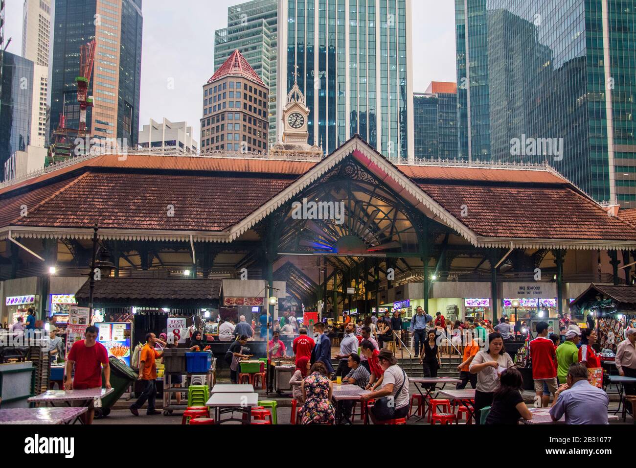 Lau Pa Sat food court (1894) on Raffles Quay in the Financial District, Singapore Stock Photo