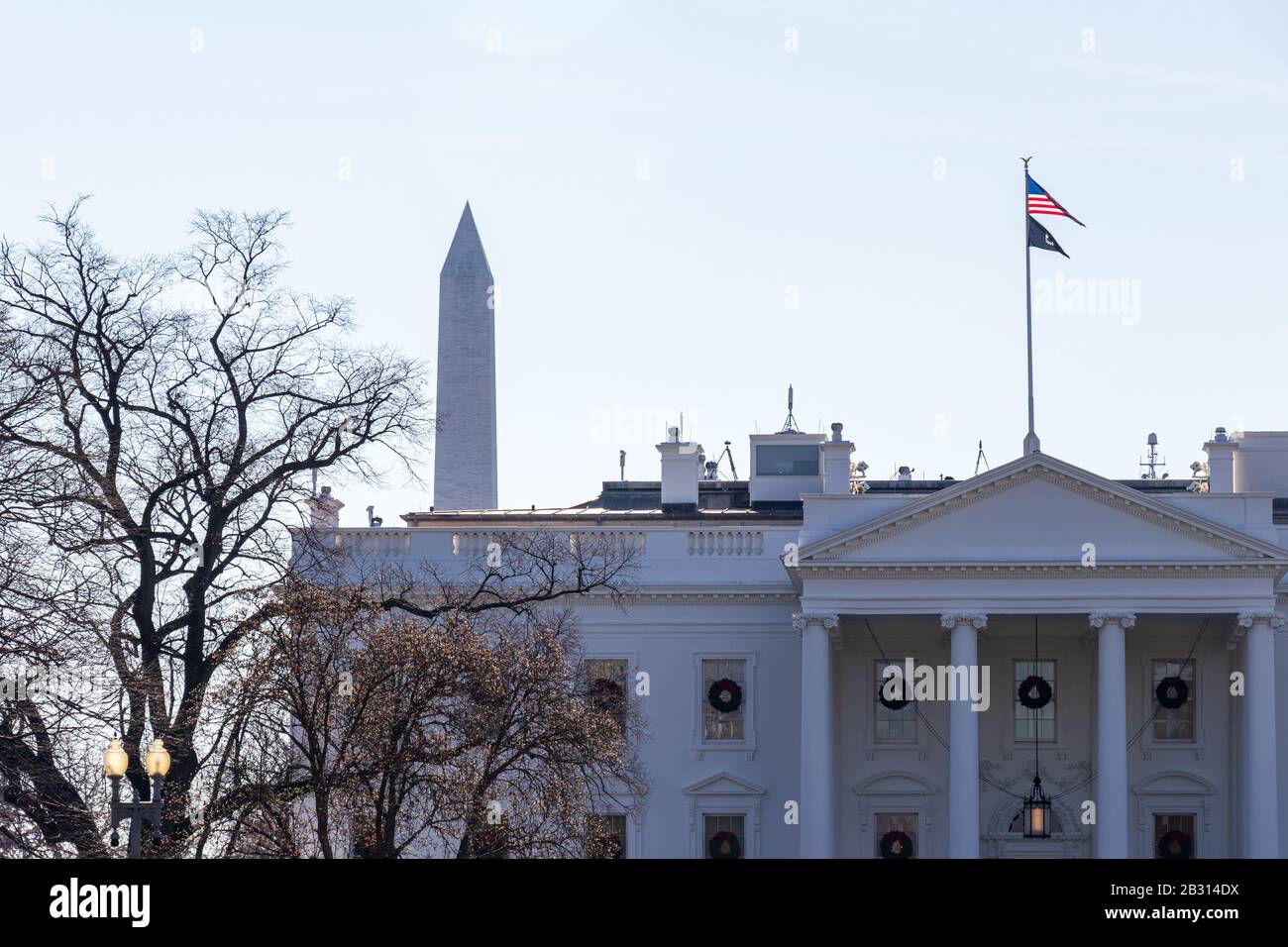 Close-up of The White House, north side seen on a clear day with the Washington Monument in the background. Stock Photo