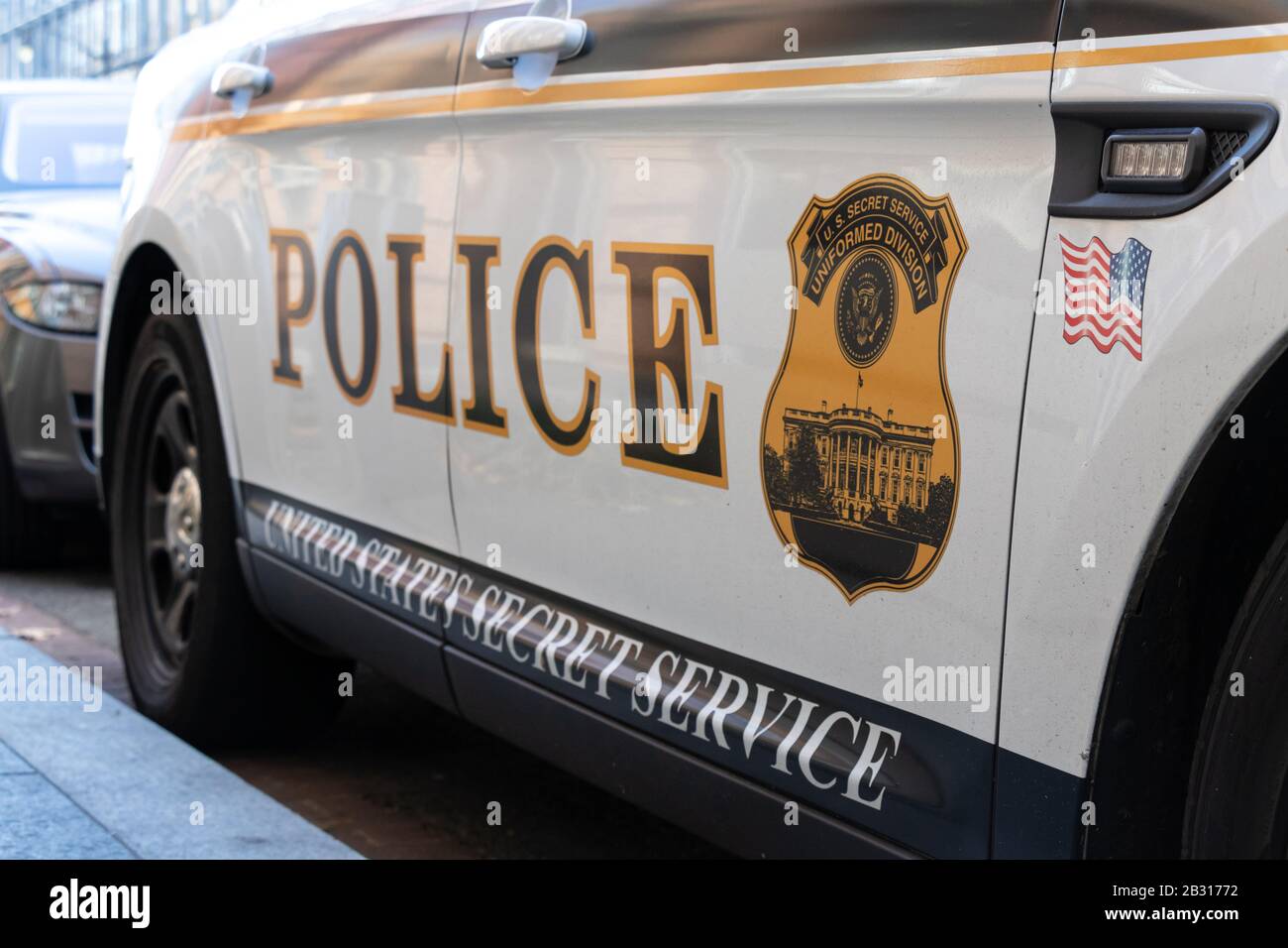 United States Secret Service Uniformed Division badge on the side of a police cruiser in downtown Washington. Stock Photo