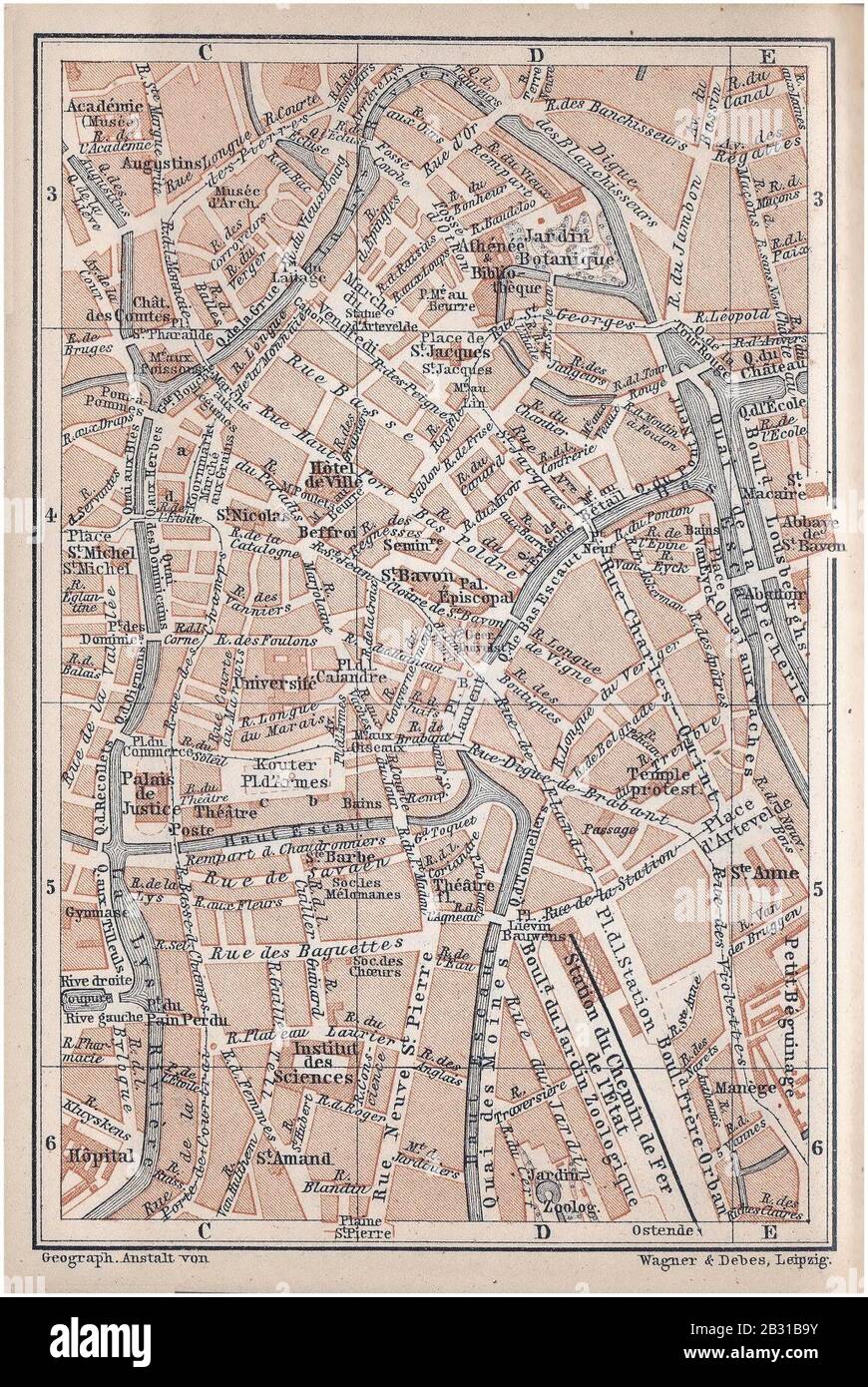 Gent -centrum- (Vlaams Gewest, Provincie Oost-Vlaanderen) - Kaart uit de gids ‘Baedeker België en Holland‘, Franse editie van 1897. Stock Photo