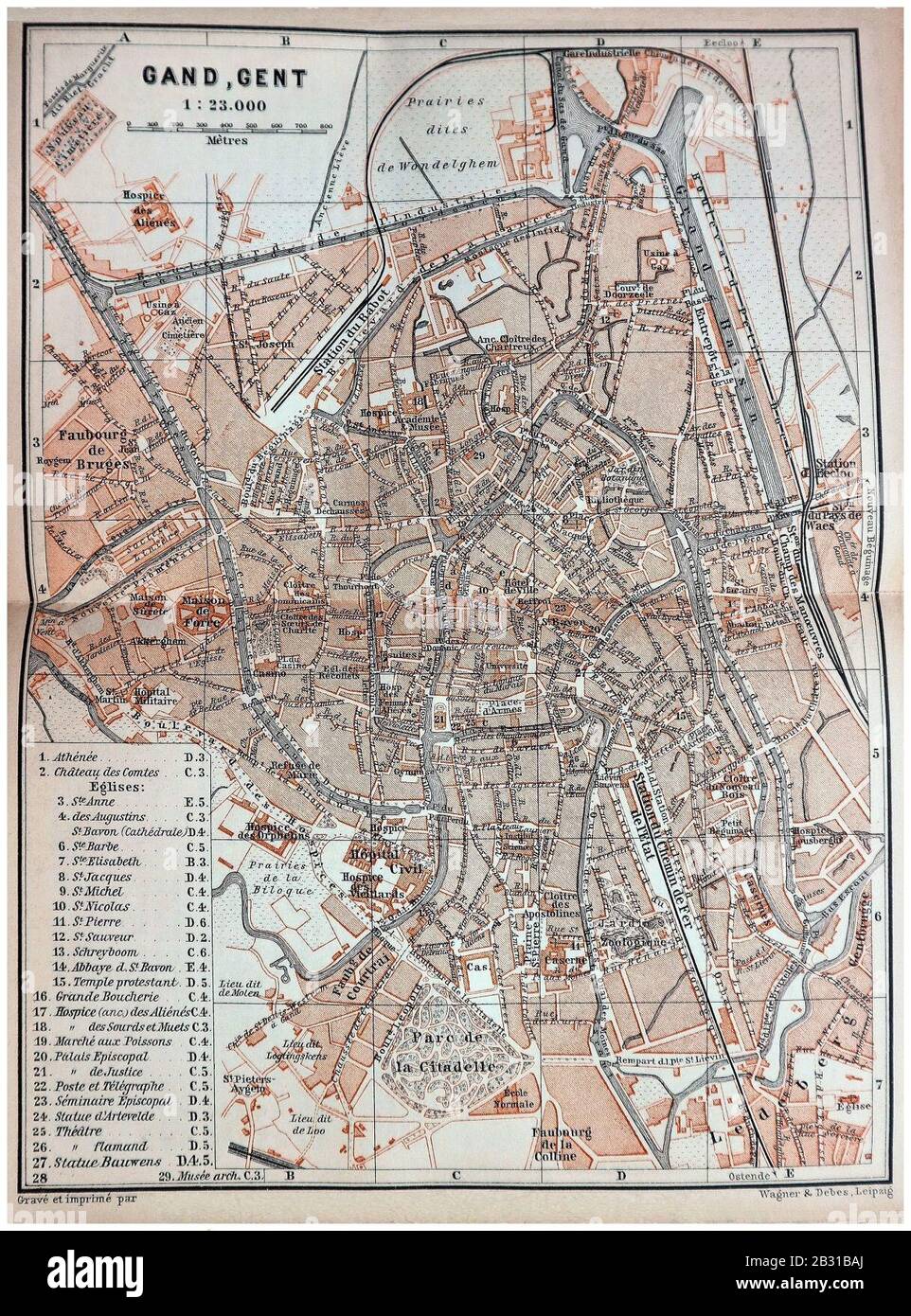 Gent (Vlaams Gewest, Provincie Oost-Vlaanderen) - Kaart uit de gids ‘Baedeker België en Holland‘, Franse editie van 1897. Stock Photo
