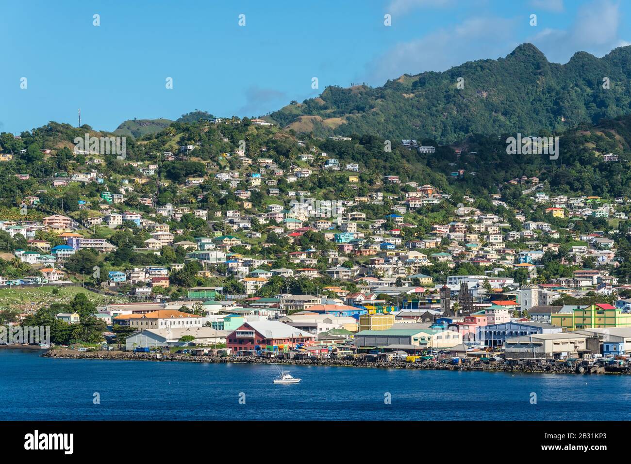 Kingstown, Saint Vincent and the Grenadines - December 19, 2018: Kingstown panoramic view from the sea in Saint Vincent and the Grenadines. Stock Photo