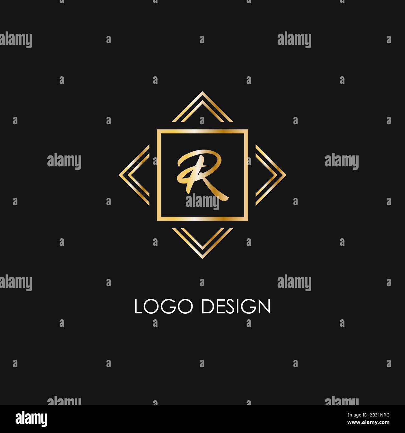 Premium style R letter logo. Gold symbol on a black background. Luxury art deco monogram sign and lines Stock Vector