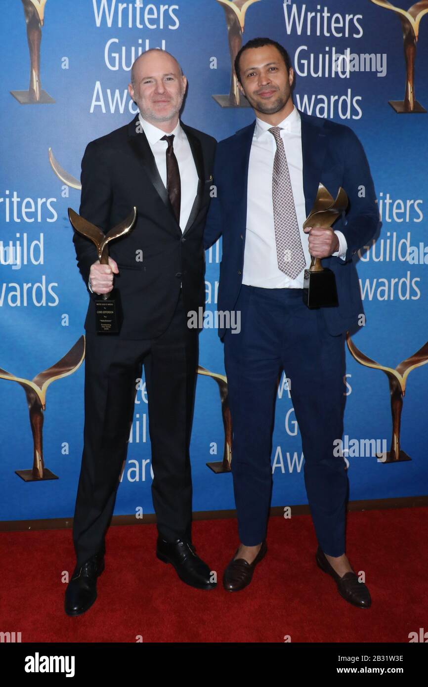 Writers Guild Awards 2020 - West Coast Ceremony Press Room at the Beverly Hilton Hotel in Beverly Hills, California on February 1, 2020 Featuring: Jonathan Glatzer, Cord Jefferson Where: Beverly Hills, California, United States When: 01 Feb 2020 Credit: Sheri Determan/WENN.com Stock Photo