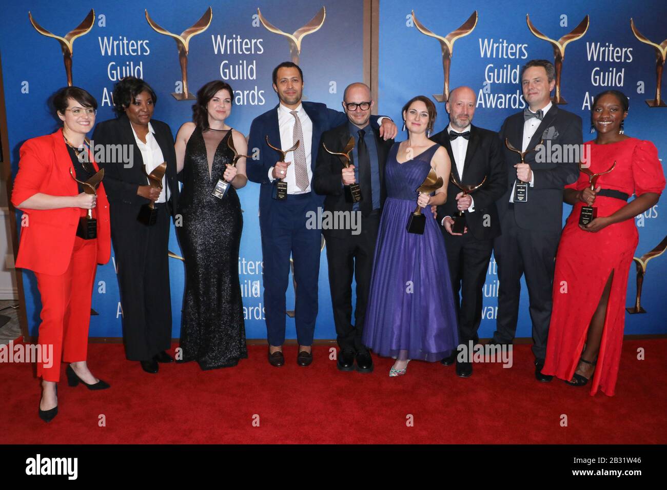 Writers Guild Awards 2020 - West Coast Ceremony Press Room at the Beverly Hilton Hotel in Beverly Hills, California on February 1, 2020 Featuring: Claire Kiechel, Carly Wray, Cord Jefferson, Damon Lindelof, Jeff Jensen, Stacy Osei-Kuffour Where: Beverly Hills, California, United States When: 01 Feb 2020 Credit: Sheri Determan/WENN.com Stock Photo
