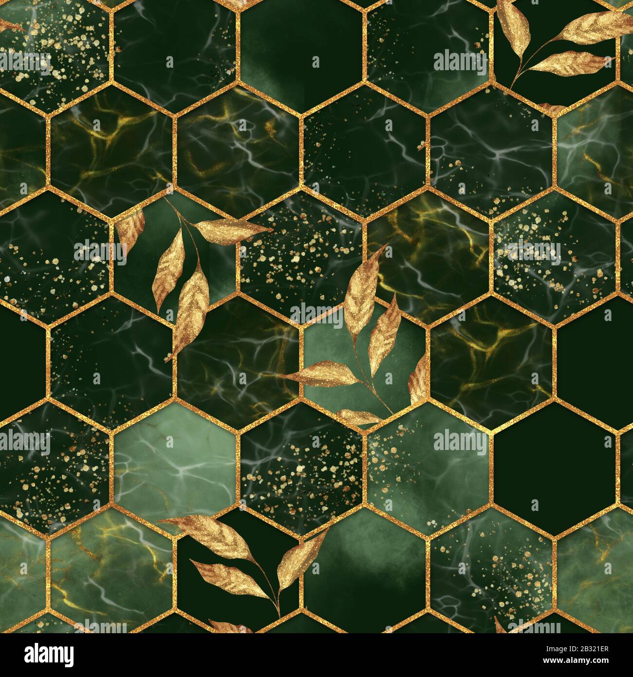 Marble hexagon seamless pattern with golden leaves Stock Photo