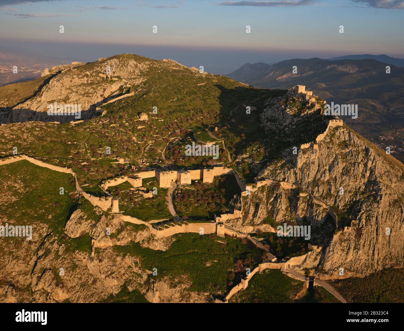 AERIAL VIEW. Ancient city of Corinth. Peloponnese, Greece. Stock Photo