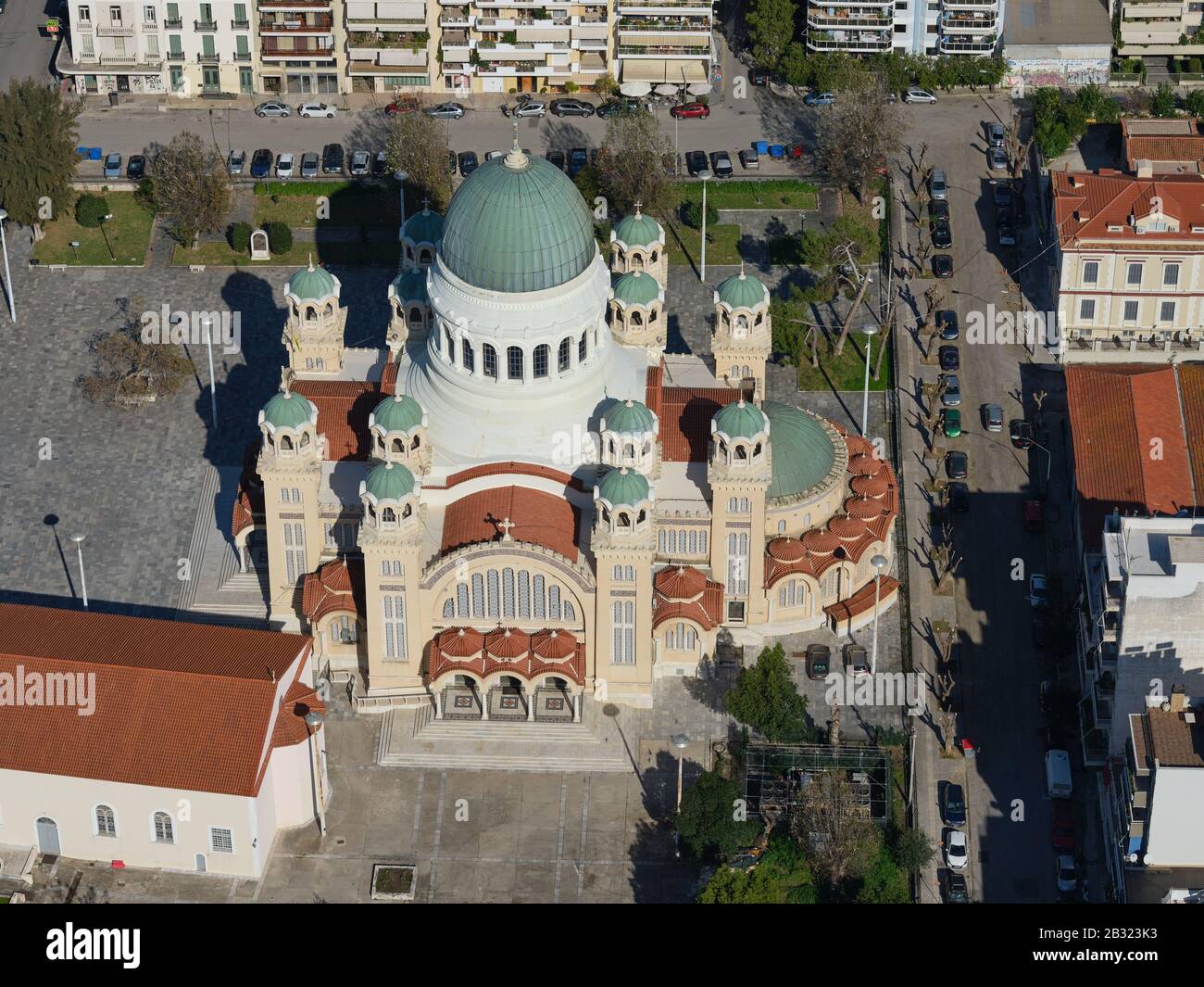 AERIAL VIEW. Large Greek orthodox cathedral. Saint-Andrew Cathedral, Patras, West Greece, Peloponnese Peninsula, Greece. Stock Photo