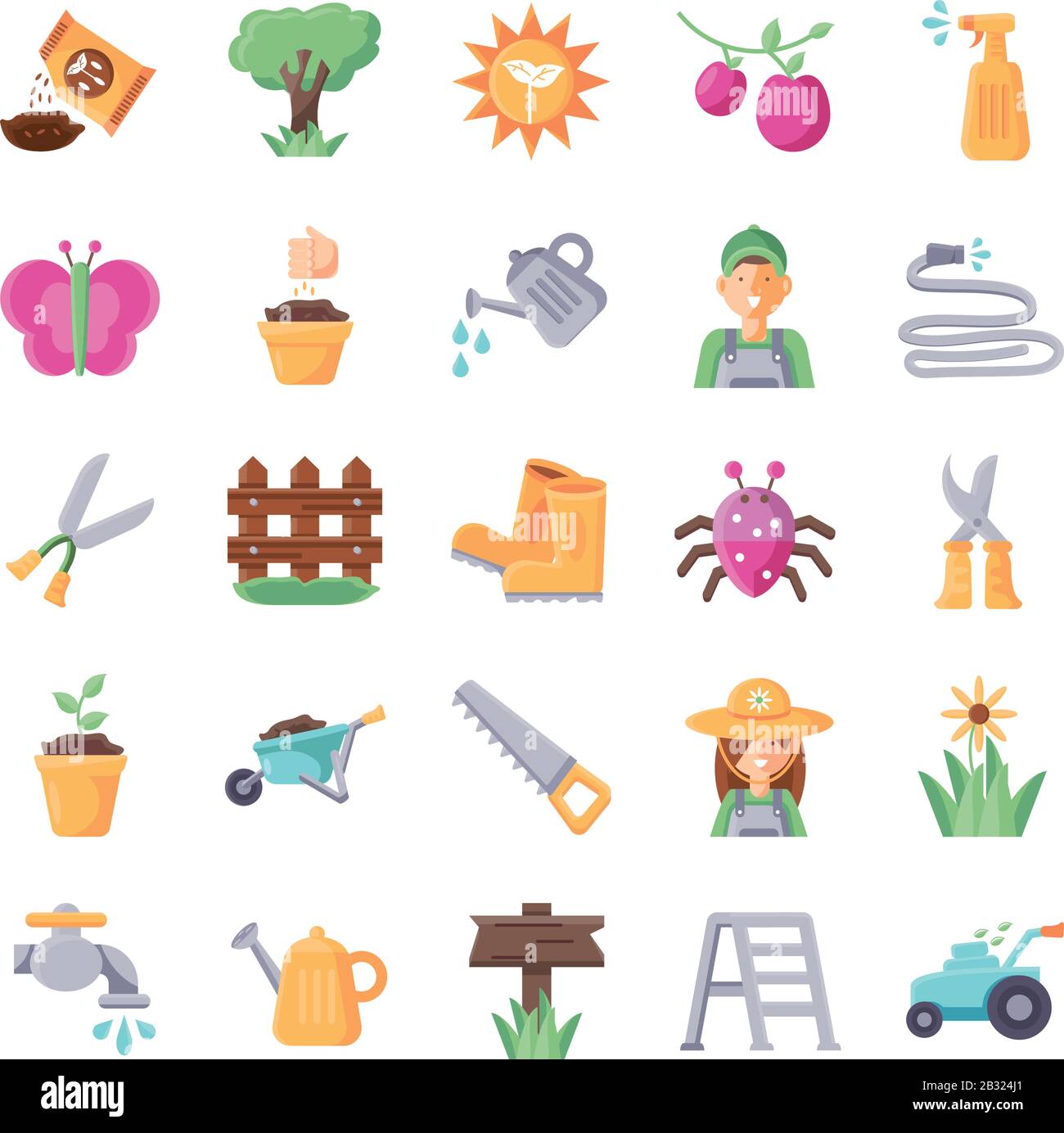 flowers and gardening icons set over white background, flat detail style , vector illustration Stock Vector