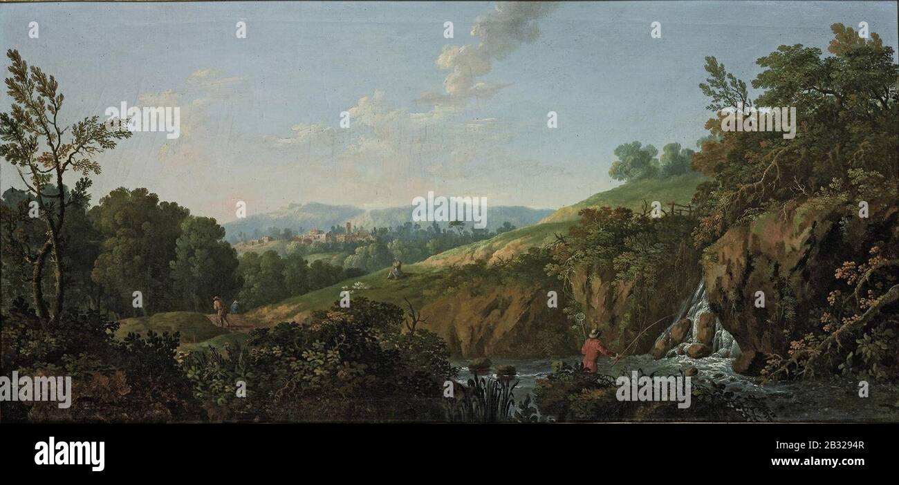 George Barret - A wooded river landscape with a man fishing in the foreground, a shepherd playing a flute etc.... Stock Photo