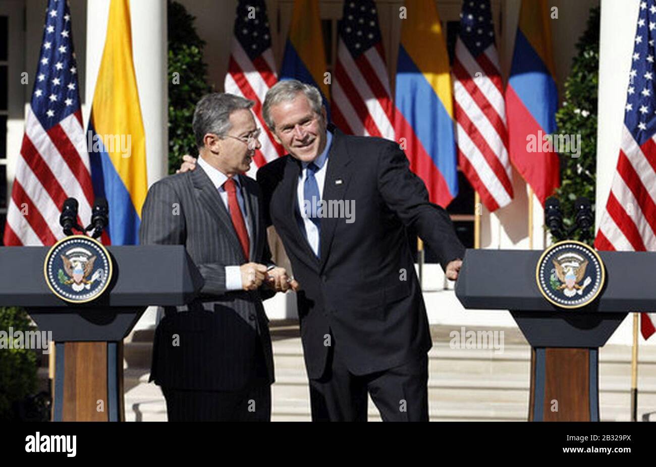 George Bush and Alvaro Uribe Velez. Stock Photo