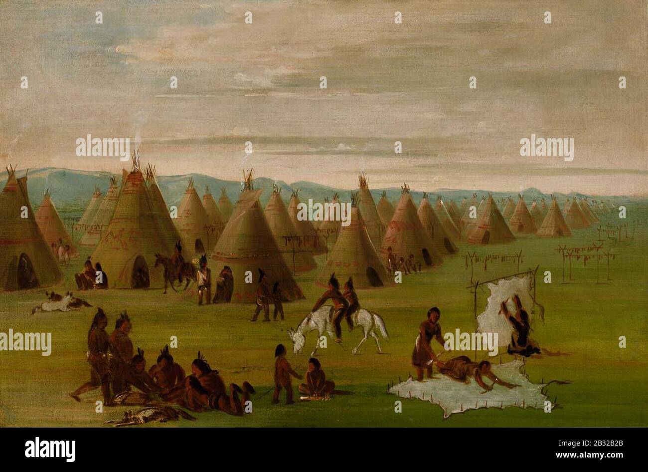 George Catlin - Comanche Village, Women Dressing Robes and Drying Meat Stock Photo