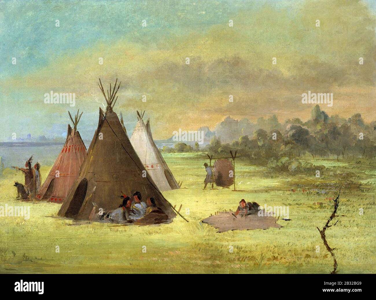 George Catlin - Indian Encampment, Comanche (or Kiowa) Dressing Skins, Red River Stock Photo